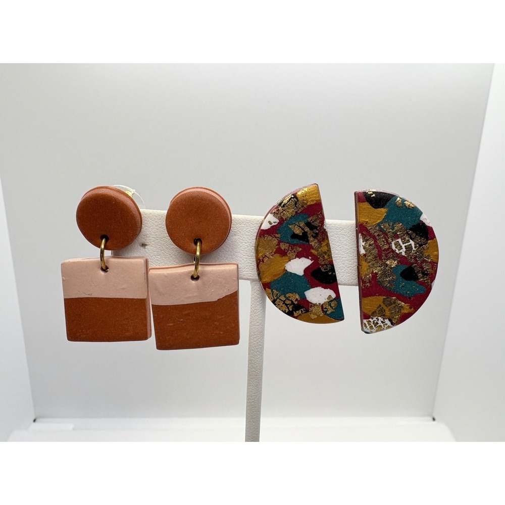 Lot of 2 Handmade Clay‎ Earrings Geometric Abstract Half Circle Statement Boho